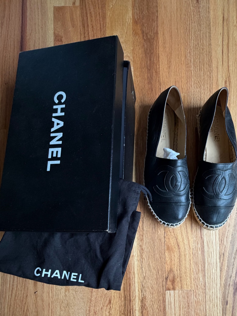 CHANEL Black Leather Espadrilles with Interlocking CC